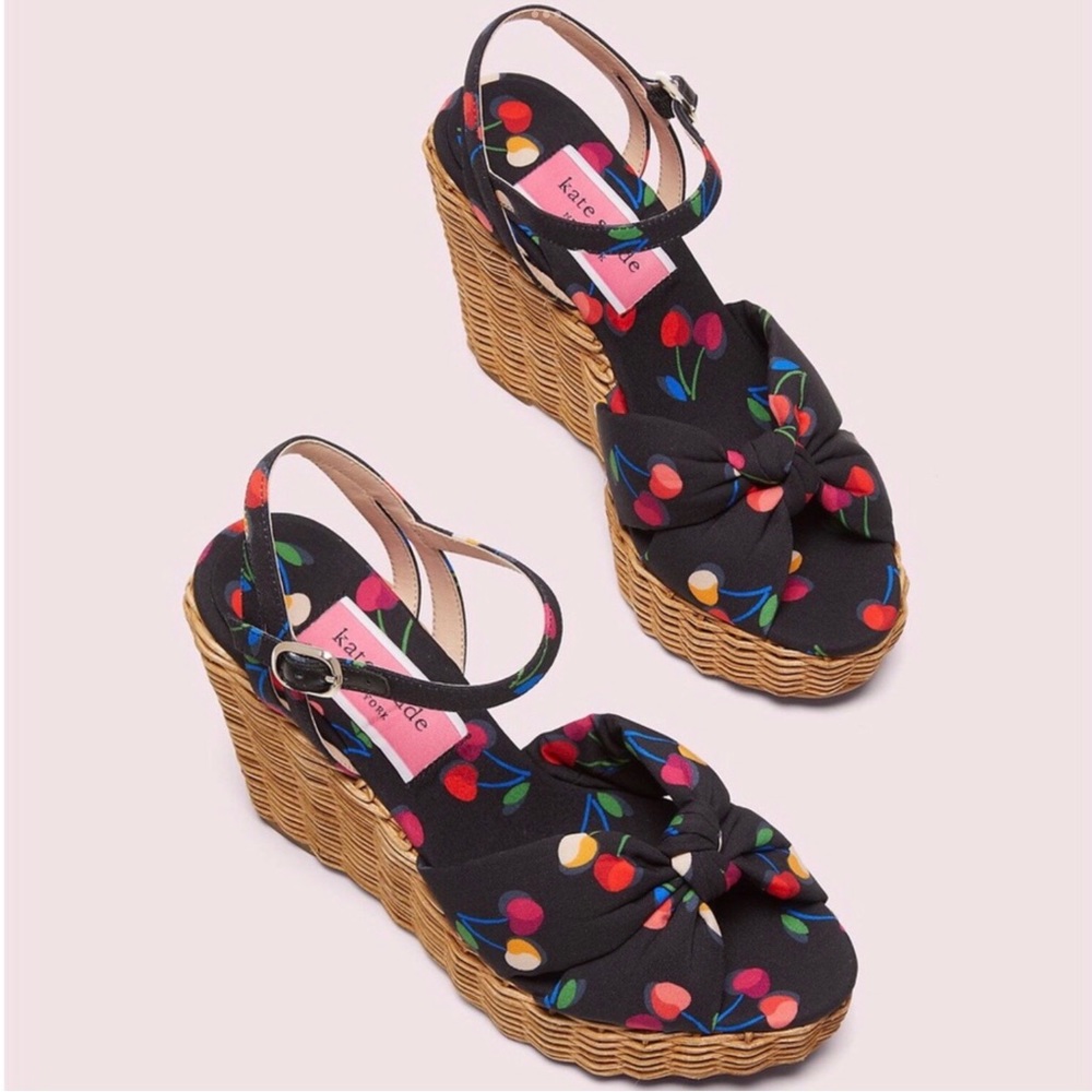 Kate Spade Black Cherry Print Wedge Sandals